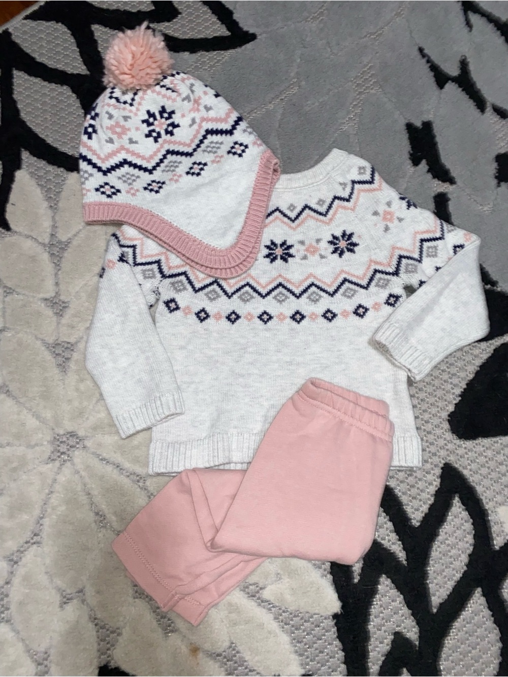 Carter's Baby Girl Pink & Gray Knit Sweater w/ Beanie & Pink Sweatpants 12 Month